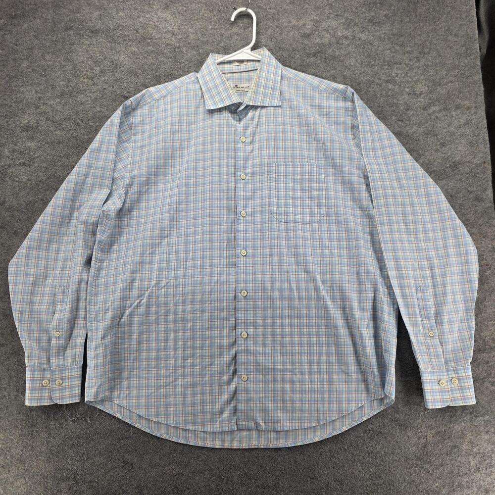 Peter Millar Dress Shirt Mens XL Blue Plaid Classic Fit Point Collar 100% Cotton